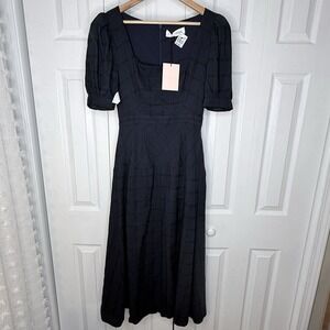 Fame and Partners Black/blue Plaid Puff Sleeve Midi Dress Square Neck NWT Size 4